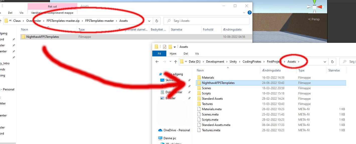 Gå til Assets-mappen i Unity's Project-panel, højre-klik i højre side og vælg Show in Explorer, og gå ind i mappen Assets hvis du ikke allerede er der. Kopiér så NighthawkFPSTemplates-mappen fra zip-filen over i Assets-mappen i Unity-projektet.
