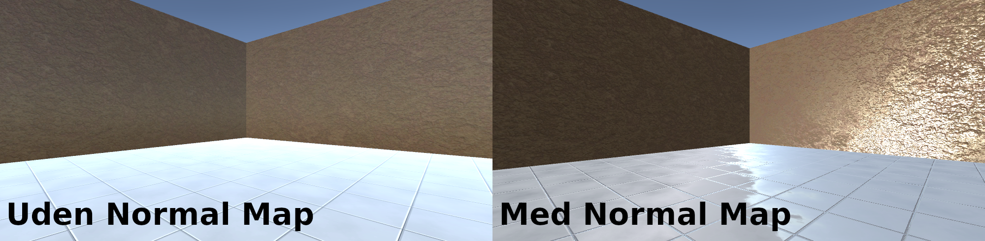 Banen med materials med og uden normal maps. Bemærk hvordan lyset får muren til at se ud som om den har en ru overflade pga. normal mapping.