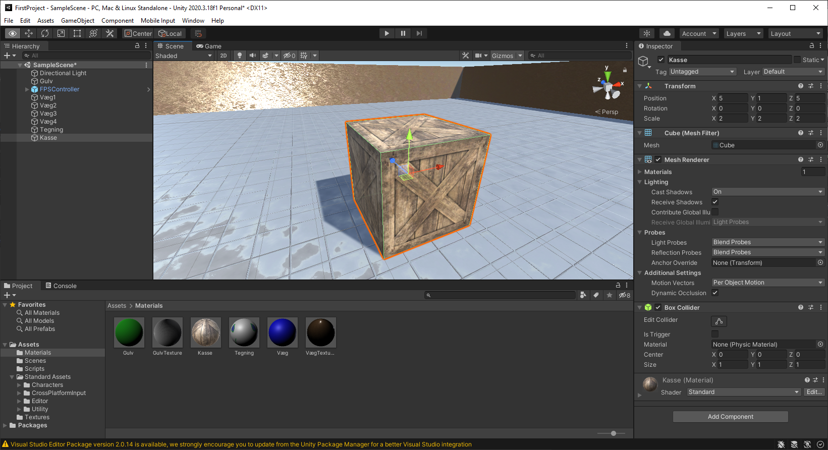 Lav en kasse (3D Object -> Cube) med et material med en passende texture. Her har jeg også ændret Scale i Properties-panelet.