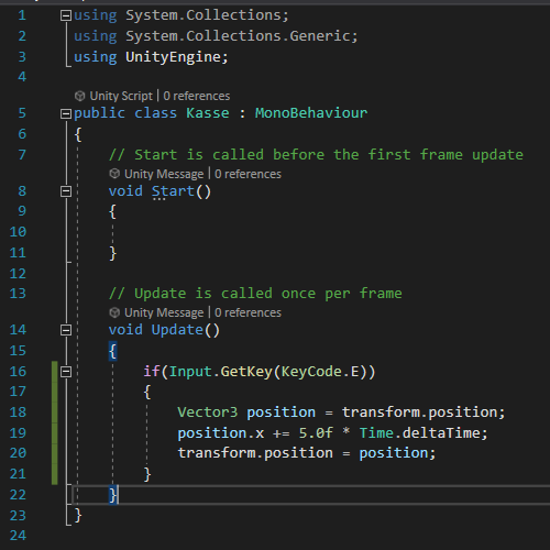 Koden til Kasse.cs i Visual Studio, som den ser ud nu.