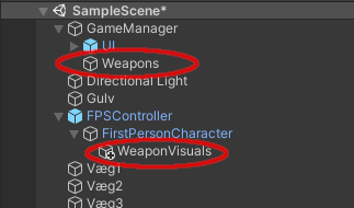 Lav objekterne Weapons (under GameManager) og WeaponVisuals (under objektet med dit Camera, her FirstPersonCharacter).