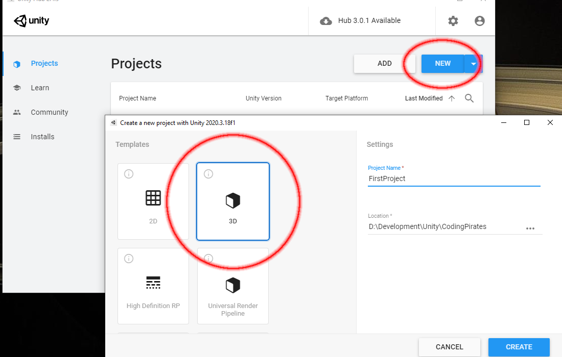 Lav et nyt projekt - vælg 3D, et navn til projektet, og sæt Location til Spiludvikling/Projekter (stien er lidt anderledes i mit setup).